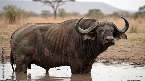 Buffalo standing in water with imposing presence