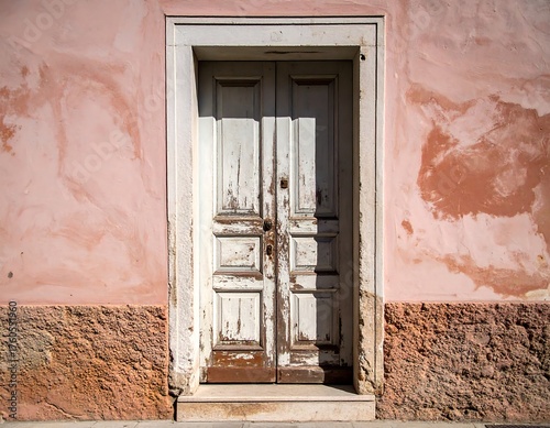 Weathered, white wooden door centered on a textured, pink building facade
