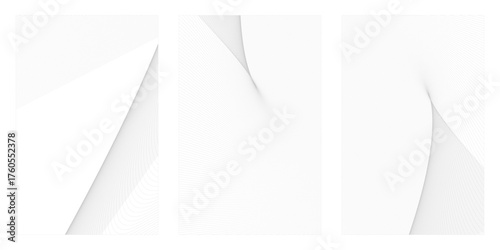 A set of three minimalist abstract backgrounds featuring subtle grey wavy lines on a clean white canvas, creating a sense of fluid motion and modern elegance. Ideal for contemporary design projects.