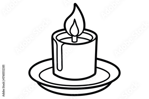 Elegant black-and-white line drawing of a single lit candle on a plate, exuding serene simplicity and timeless warmth for minimalist designs, memorials, or peaceful ambiance.