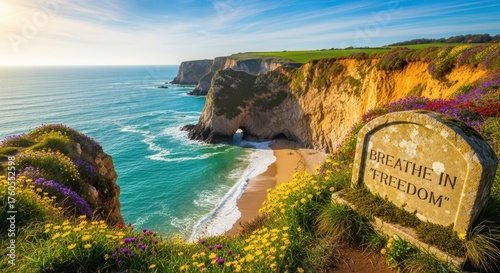 Scenic Coastal View of Beach Cliffs and Ocean Sunlight