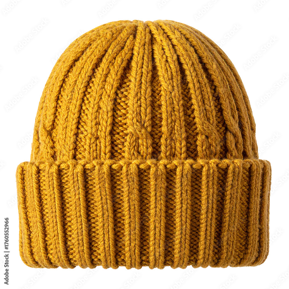 Fototapeta premium Mustard-Yellow Winter Knit Cap: A cozy mustard-yellow knit cap, radiating warmth and timeless style. The image captures the textures of the knitwear in exquisite detail.