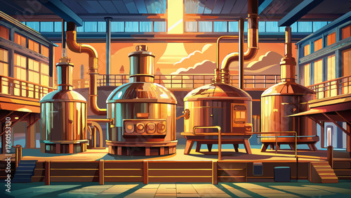 Very beautiful industrial brewery interior featuring large copper brewing tanks and polished stainless-steel pipes, with steam rising in warm light — blending craftsmanship, tradition, and modern 