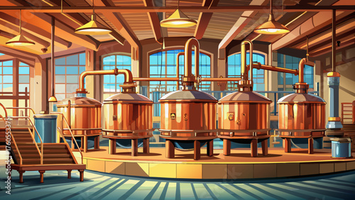 Very beautiful industrial brewery interior featuring large copper brewing tanks and polished stainless-steel pipes, with steam rising in warm light — blending craftsmanship, tradition, and modern 