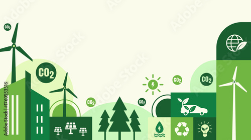 Sustainable Green City Illustration in Minimal Flat Geometric Style with Eco Energy and Environment Concept