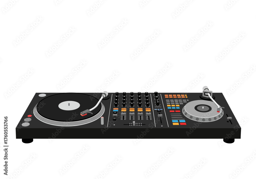 Fototapeta premium Black DJ Mixer with Turntables and Controls for Music Production.