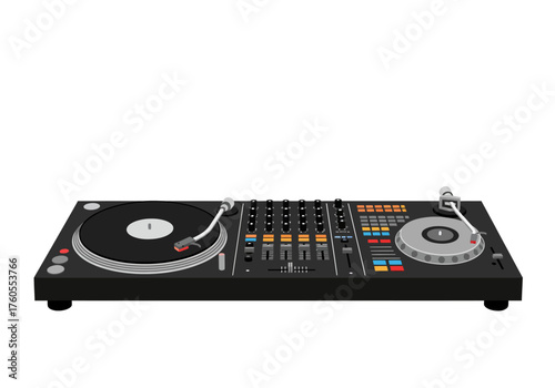 Black DJ Mixer with Turntables and Controls for Music Production.