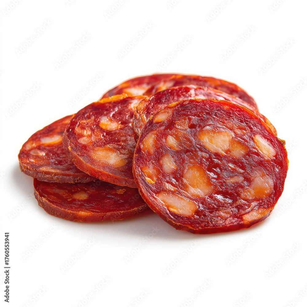 Fototapeta premium Smoked salami slices, isolated on white background.
