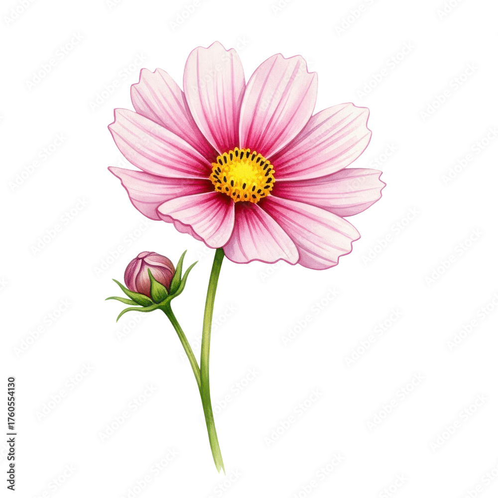 Obraz premium Delicate Pink Cosmos Flower Illustration with Bud, Detailed Botanical Art