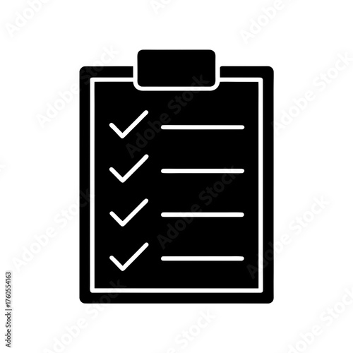 Black clipboard with checkmarks and horizontal lines on transparent background