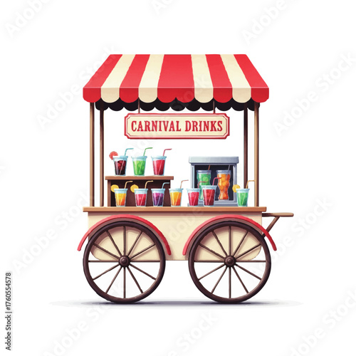 Vintage style carnival drink cart with colorful beverages and striped awning.