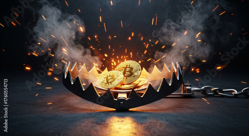 Bitcoin Coins Caught in Bear Trap with Sparks and Smoke Representing Cryptocurrency Investment Risks and Financial Danger