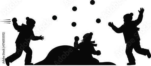 Children silhouettes play snowball fight winter outdoor fun joyful childhood activity vector