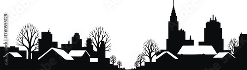 Charming village silhouette with bare winter trees and classic architecture on a bright day vector