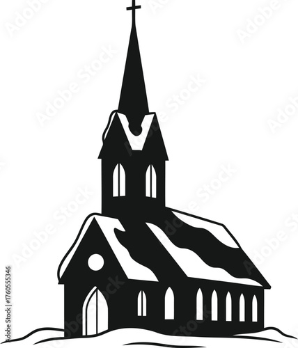 Classic steeple church silhouette snow winter religious building winterscape illustration art vector