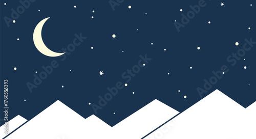 Enchanting crescent moon over snowcapped mountains under starry night sky vector
