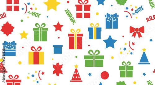 Vibrant birthday gift boxes confetti stars festive celebration seamless pattern illustration vector