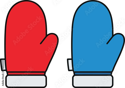 Pair of warm winter mittens red and blue for cold weather protection and outdoor activities vector