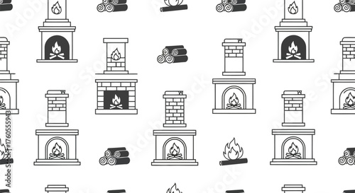 Seamless pattern of hand drawn fireplaces cozy home decor elements for warm ambiance vector