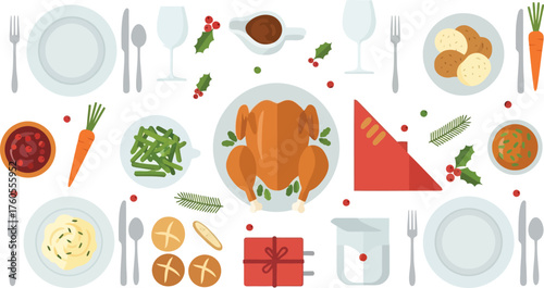 Elegant holiday dinner table setting with festive food and place settings overhead view vector