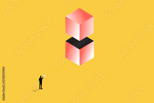 Businessman uses a telescope looking cube. concept of business vision, hard work, effort, and building a foundation