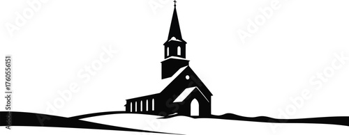 Rustic church silhouette against snowy landscape minimalist artistic line drawing faith symbol vector