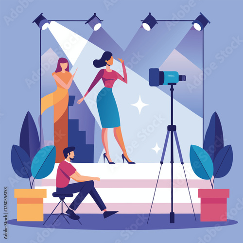 Fashion Photoshoot Scene – Stylish Model Posing Under Spotlights with Photographer and Studio Setup