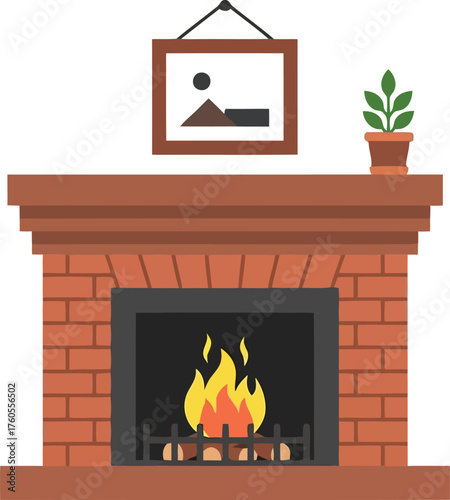 Cozy brick fireplace with burning flames and hearth comfort vector