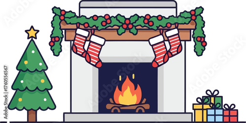 Cozy christmas fireplace scene with decorated tree and gifts festive holiday illustration vector