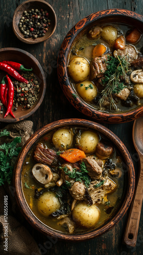 Buckwheat porridge with pieces of meat and mushrooms on a dark wooden background. Top view.