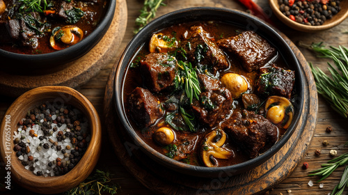 Buckwheat porridge with pieces of meat and mushrooms on a dark wooden background. Top view.