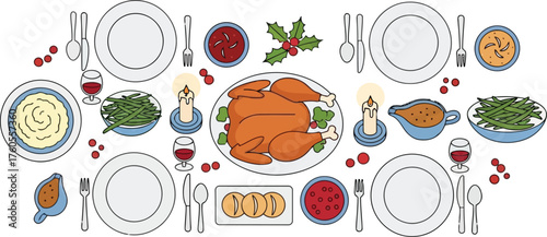 Festive thanksgiving dinner table setting with roasted turkey plates and cutlery vector