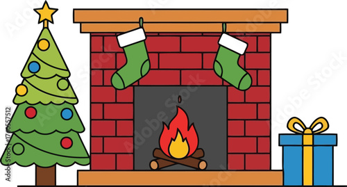 Cozy christmas fireplace with decorated tree and gift cozy winter holiday scene festive celebration vector