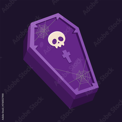 Vector cartoon illustration of a purple coffin decorated with a skull, cross, and spiderwebs, isolated on a dark purple background. Perfect for Halloween designs, spooky decorations, etc.
