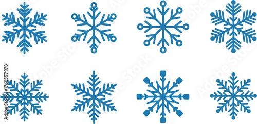 Collection of eight detailed blue ornate snowflakes winter holiday design elements isolated vector