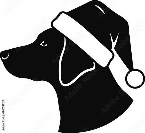 Adorable black dog wearing santa hat silhouette christmas festive pet portrait vector