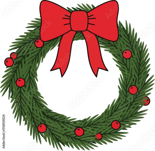 Fotografie Festive christmas wreath with red bow decorated with orbs ideal for holiday cele