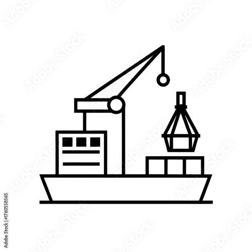 Cargo ship unloading containers with crane outline on transparent background