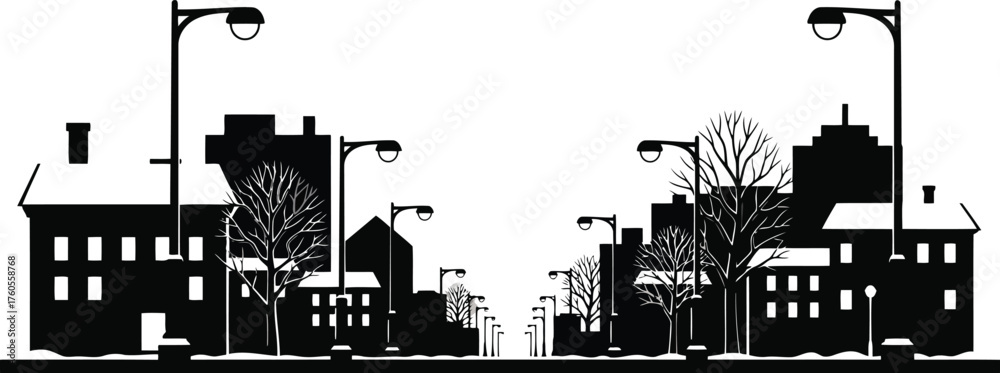Obraz premium Vector silhouette cityscape of buildings trees and streetlights urban scene collection vector