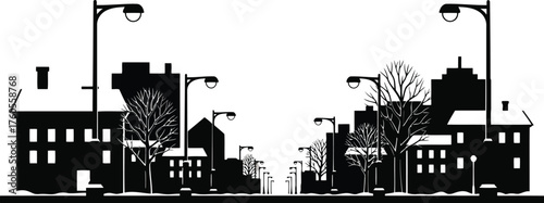 Vector silhouette cityscape of buildings trees and streetlights urban scene collection vector