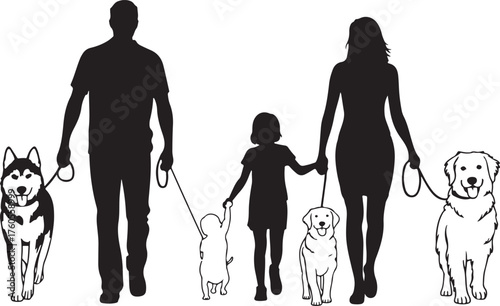 Family Walking Dogs Silhouette With Pets Companions