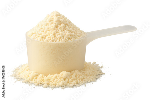 Protein powder scoop full of nutrition supplement for fitness and bodybuilding, isolated on transparent background