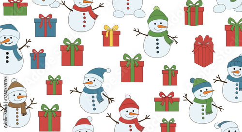 Festive snowman and gift pattern seamless christmas holiday winter celebration cute fun vector