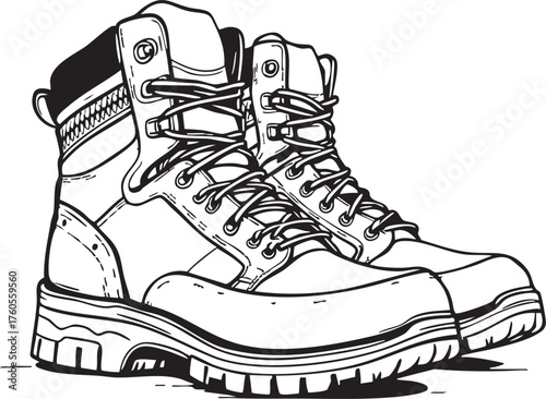 Work boots vector—black-and-white illustration of rugged footwear with thick soles and reinforced stitching for fashion and utility themes
