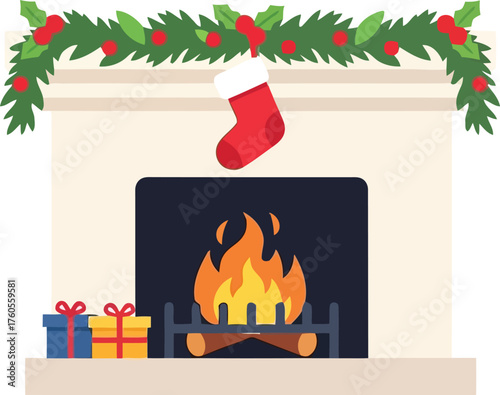 Cozy christmas fireplace decorated with stocking presents garland and burning fire festive holiday scene vector