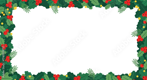 Festive christmas border with pine needles baubles and lights holiday greeting card frame vector