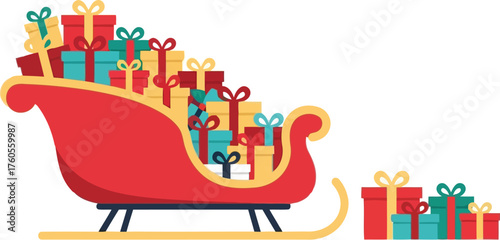Santa claus sleigh filled with colorful christmas gifts ready for holiday delivery vector