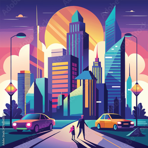 Colorful Futuristic Cityscape at Sunset with Cars and Pedestrians – Urban Life Vector Art"