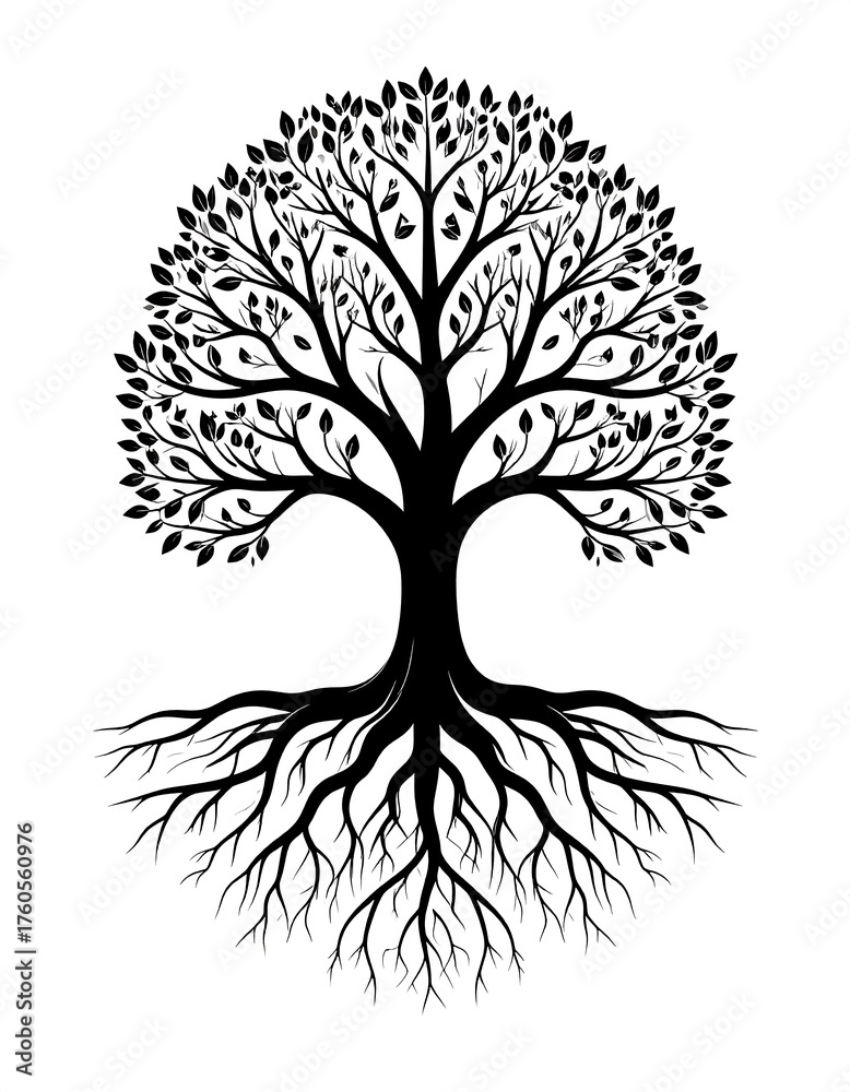 Obraz premium Silhouette of a detailed tree with roots and a leafy canopy