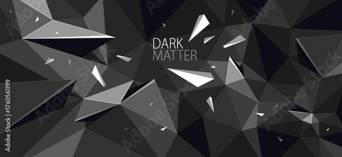 Low poly background with particles debris in motion vector design, 3D dynamic surface with debris explosion, triangular elements flying over polygonal backdrop.